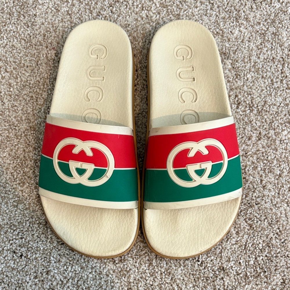 Gucci Cream Slides with Red and Green Stripes